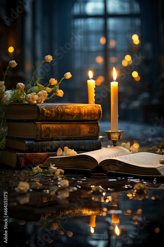 The cross, candles, and the Bible laid side by side inside the church, bokeh background. AI generative