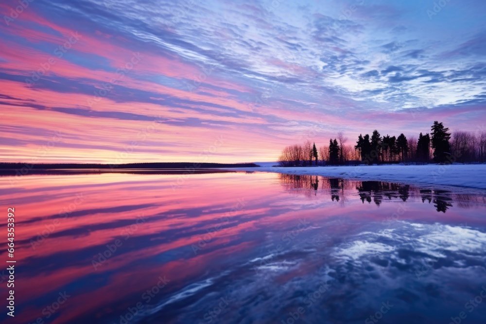 bright stripes of twilight sky mirrored in ice