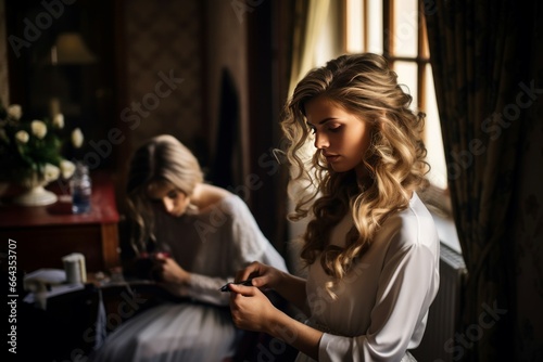 Hairdresser preparing bride before wedding. Fashion love girl bridal face. Generate Ai