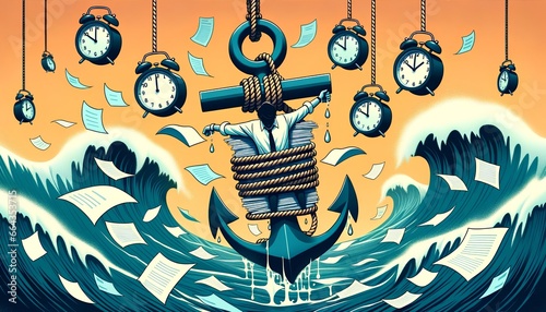 Concept of overemployment, a worker metaphorically tied to a heavy anchor of tasks, sinking in a vast sea of paperwork. The overwhelming burden of excessive workloads and pressure. photo