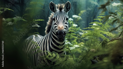  a zebra standing in the middle of a lush green forest. generative ai