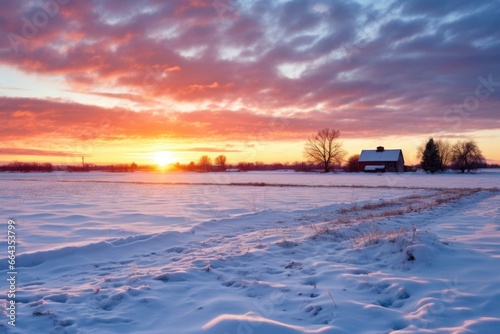 solstice sunset across a snow-dusted open field