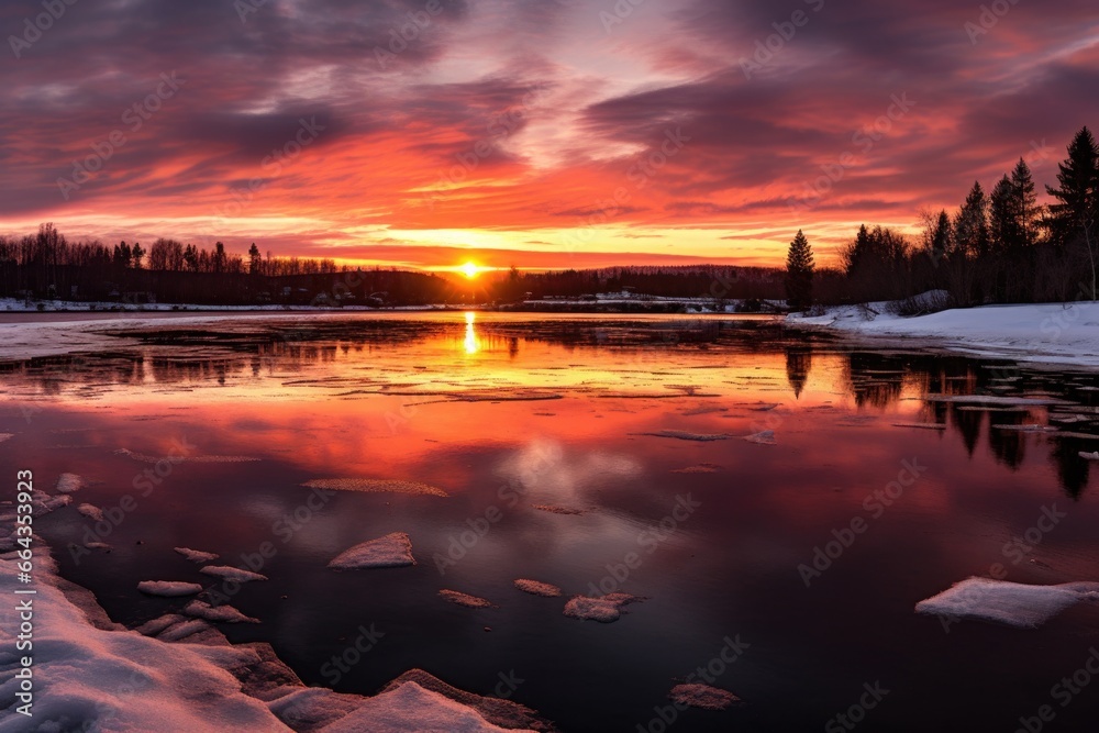 winter solstice sunset highlighting a frozen lake