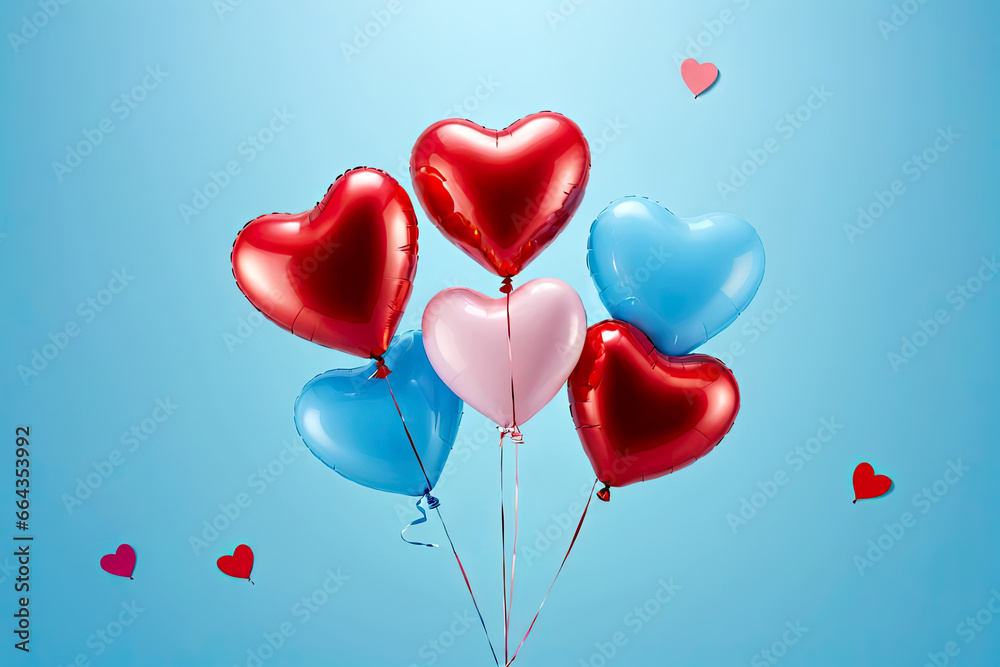 heart shaped balloons flying on the blue background. Sainte Valentine, mother's day, birthday greeting cards, invitation, celebration concept