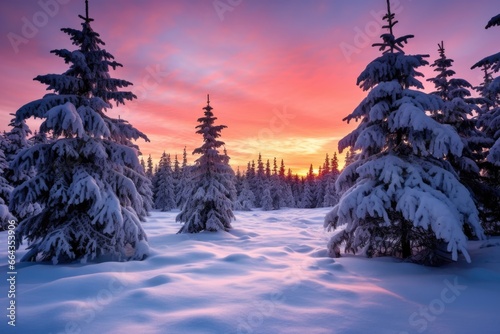 snow-covered pine trees under a dusk sky