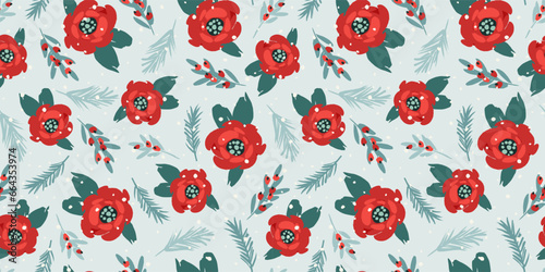 Christmas and Happy New Year seamless pattern. Christmas tree, flowers, berries. New Year symbols. Vector design