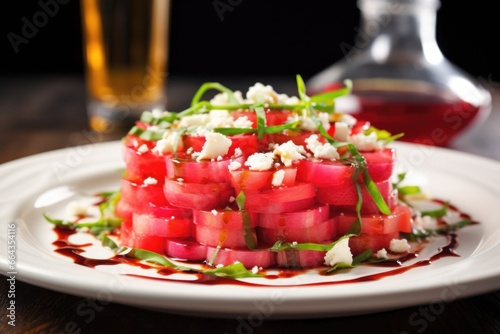 a plate of watermelon and feta salad with a touch of syrups