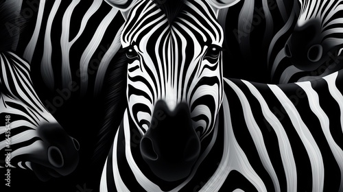  a group of zebras standing next to each other in a black and white photo. generative ai