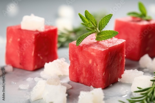 close-up of watermelon cubes beside crumbled feta cheese