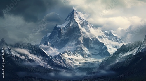  a painting of a mountain range with clouds in the sky. generative ai