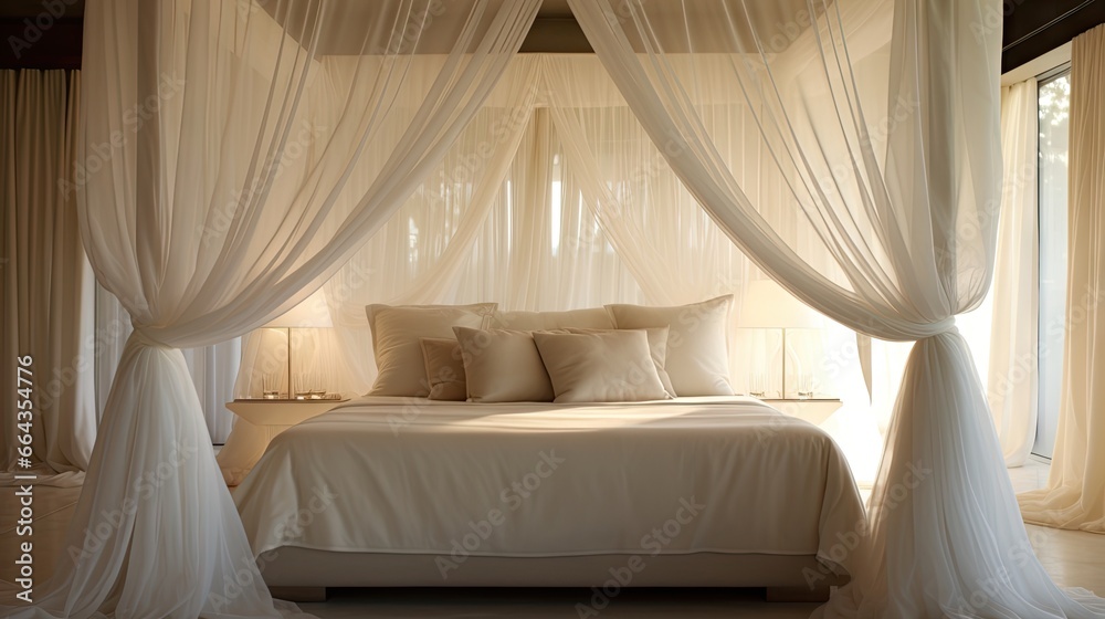a bed with a white canopy over it in a bedroom. generative ai a bed with a white canopy over it in a bedroom. generative ai