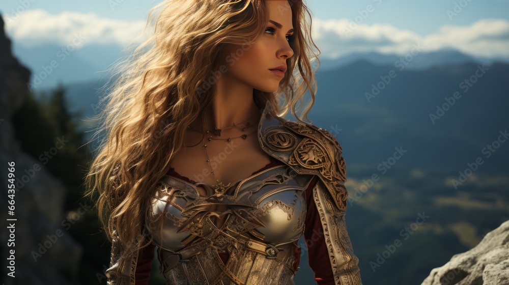 Fantasy heroine in metal armor standing on a rocky cliff.