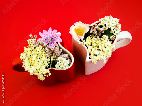 White and red heart shaped coffee cups with colorful spring flowers against red background. Natural minimal concept. Creative spring idea. Flat lay. Valentine's day or Woman's day desing.