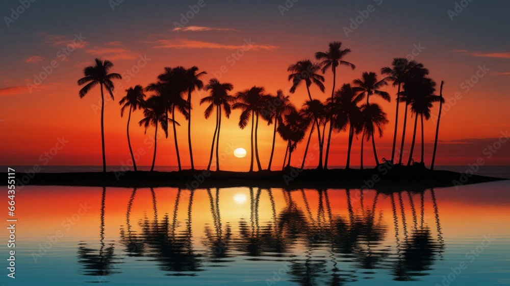 Tropikal bir gün doğumu veya gün batımının arka planında palmiye ağaçlarının silueti.