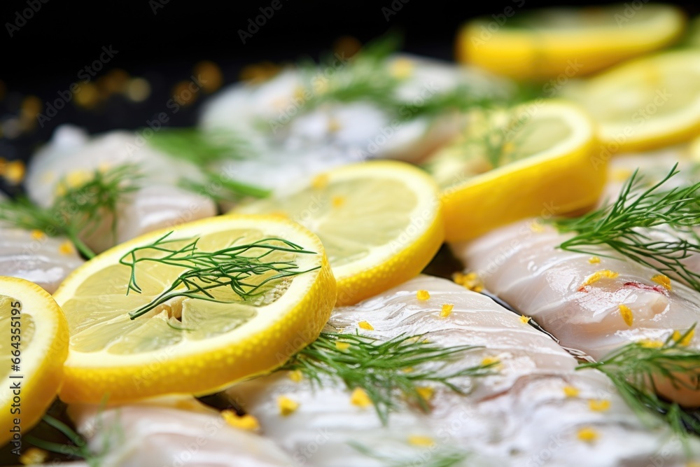 macro snap of fish scales with lemon zest and herbs on top - obrazy, fototapety, plakaty 
