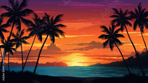 Tropikal bir gün doğumu veya gün batımının arka planında palmiye ağaçlarının silueti. © Zahid