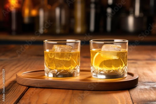 two whiskey sours on coasters at a wooden bar counter photo