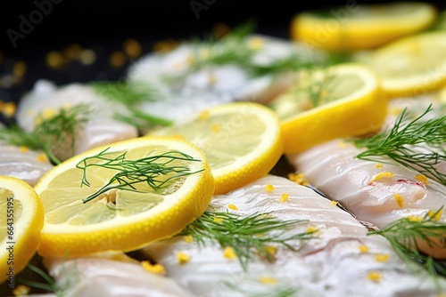 macro snap of fish scales with lemon zest and herbs on top