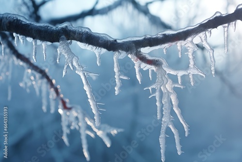 detailed close-up of icicles hanging from a frosty branch