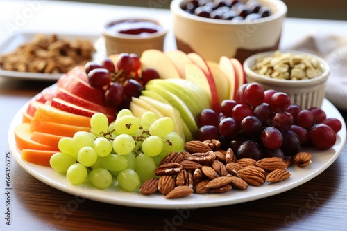 variety of nuts and fruits on a white plate