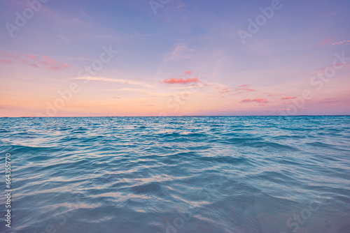 Panoramic sea skyline beach. Amazing sunrise beach landscape. Panorama of tropical beach seascape horizon. Abstract colorful sunset sky light tranquil relax summer seascape freedom wide angle seascape