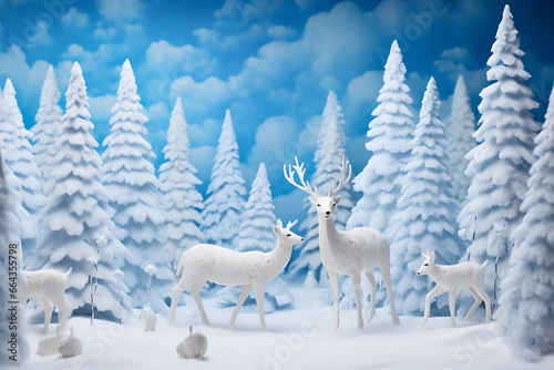 Christmas scene with white Reindeer Toys and Pine Trees covered with Snow © Studio Iris