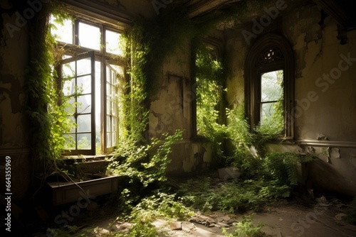 Overgrown interior. Generative AI