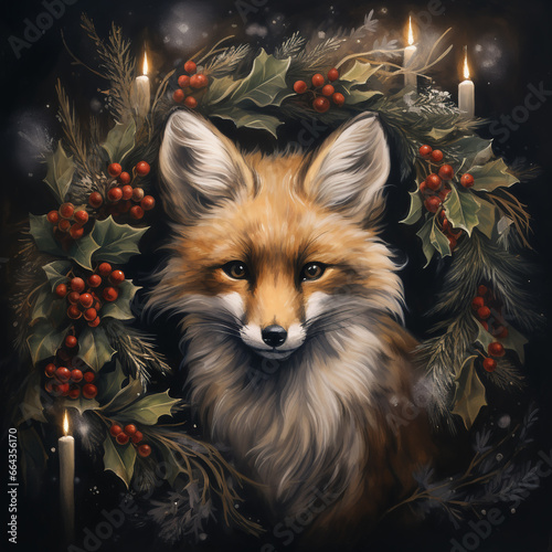 Christmas greeting card with fox in a wreath of mistletoe. Watercolor portrait of a fox in a wreath of flowers on a black background.