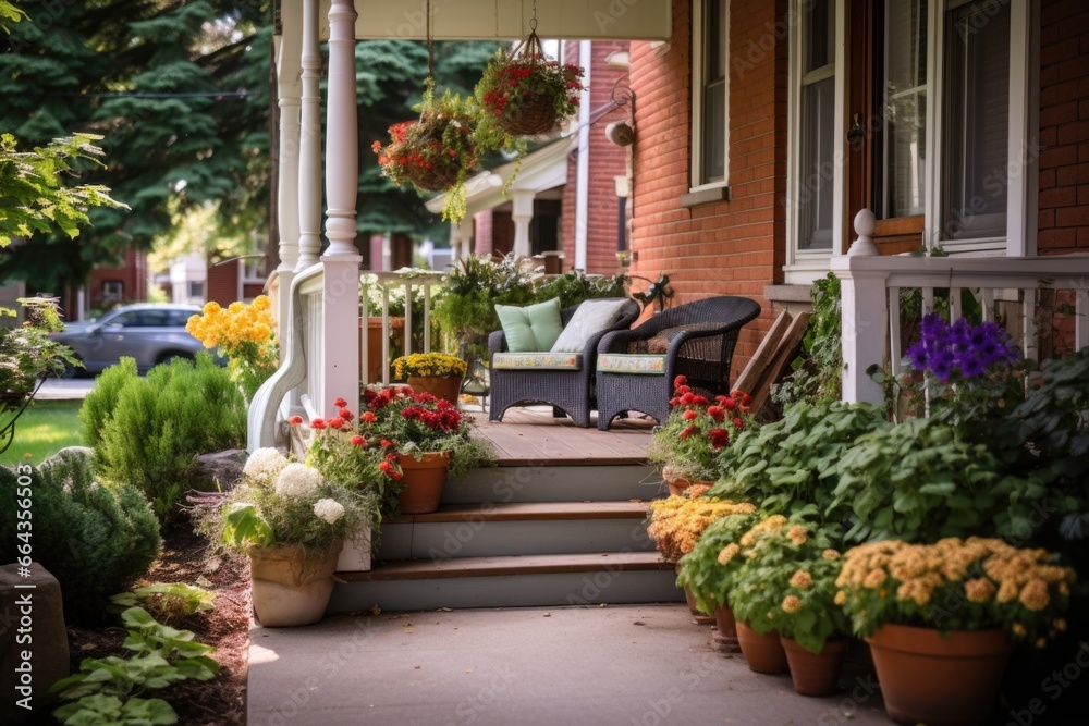 an inviting front porch with flower pots on the side