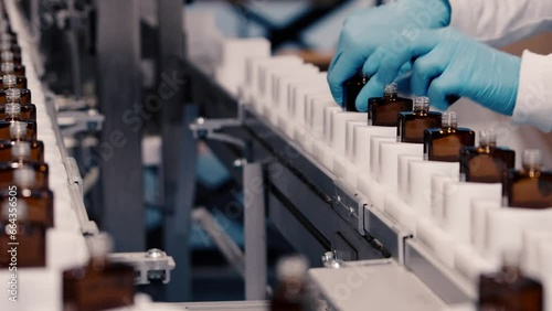 A woman prepares empty perfume bottles on a mechanical line