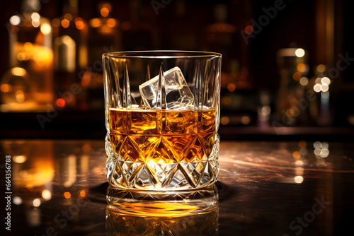 Whiskey with Ice Cubes on a Wooden Table