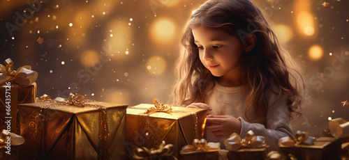 Cute little girl with christmas gift box on golden bokeh background. Little girl sitting on the floor with a lot of gifts. Christmas and New Year concept. © Nadezhda