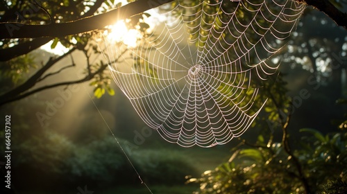  a spider web hanging from a tree in a forest at sunset. generative ai