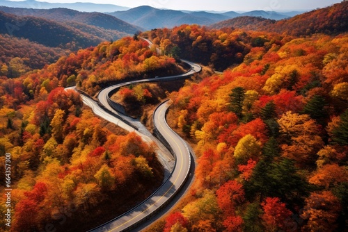 Aerial view of scenic road surrounded by autumn foliage on Blue Ridge Parkway in North Carolina. Generative AI