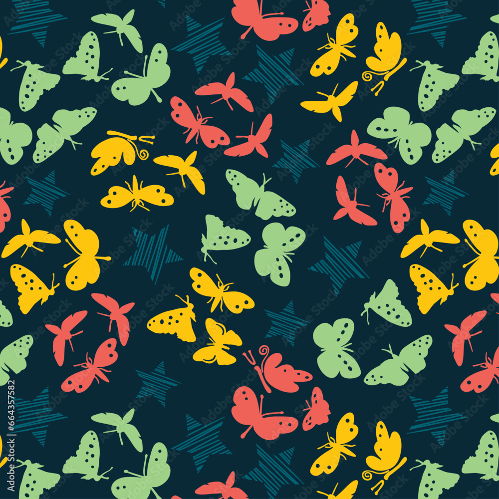 Colorful butterflies with scribble stars pattern