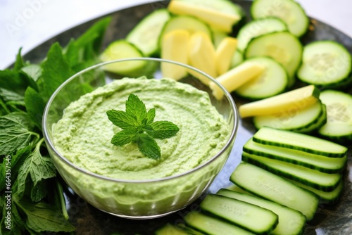 an array of cucumber slices leading to a bowl of hummus