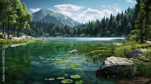  a painting of a mountain lake with lily pads in the foreground.  generative ai