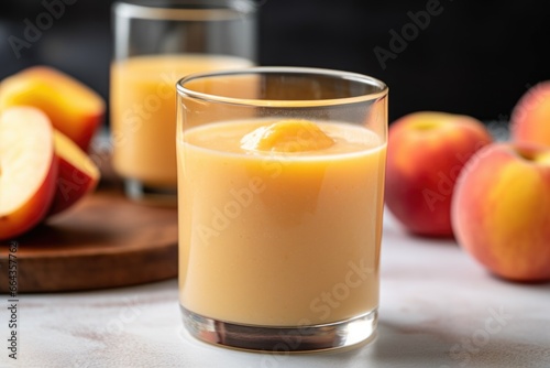 a peach smoothie with a peach slice on the rim of the glass
