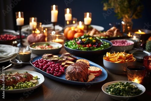 hanukkah table spread with plant-based dishes and menorah
