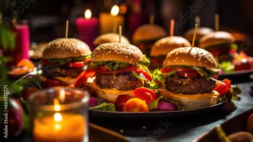 Mini burgers on the plate, served on a plate amidst a lively gathering of friends.