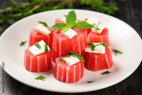 sliced watermelon with feta cheese and mint leaves on a white plate