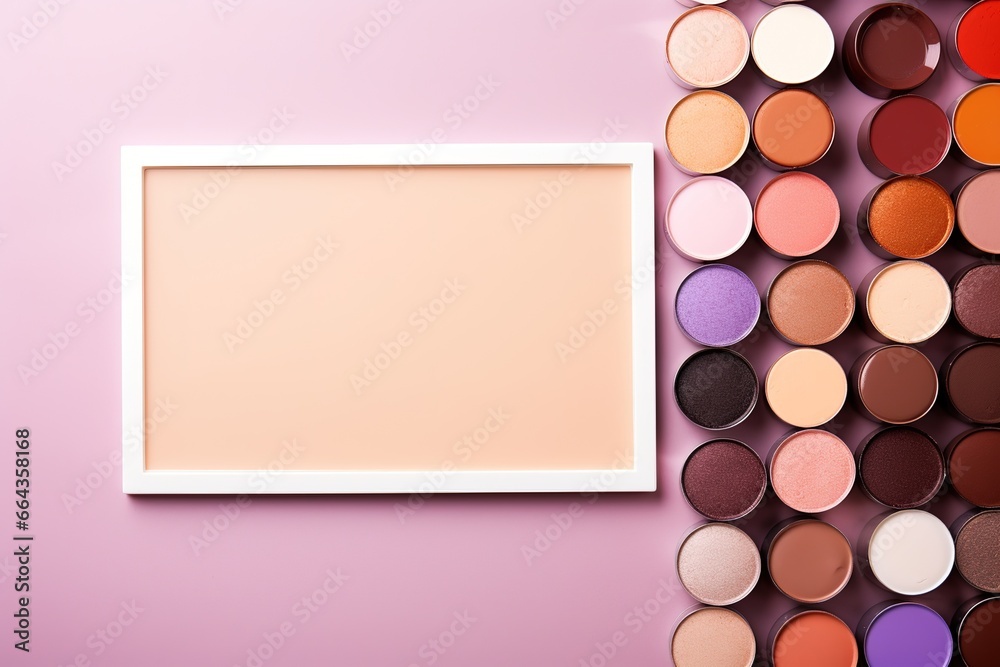 Fototapeta premium top view mockup cosmetic items with on copy-space pastel colored table, generative ai