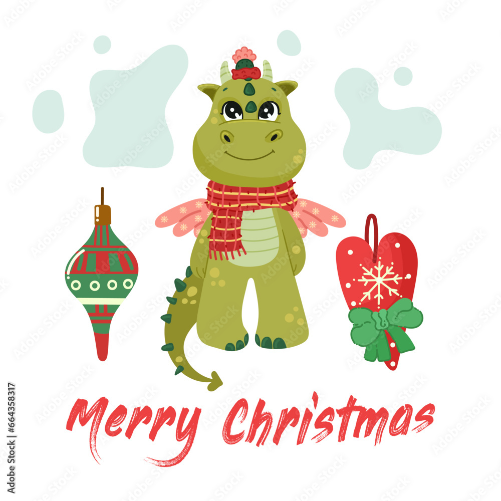 Fototapeta premium Happy new year set 2024 with cute dragon. Vector set of holiday icons: sweets, gift. Kids illustration for Christmas time. Scrapbook collection. Winter greeting card.