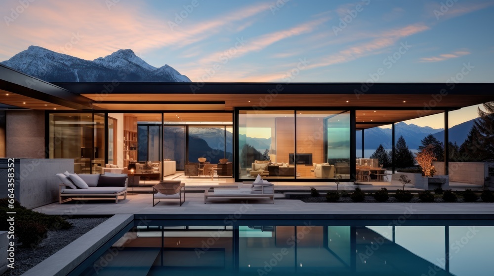 Fototapeta premium A beautiful house with a minimal sleek design, featuring sliding glass doors that reveal an elegant interior.