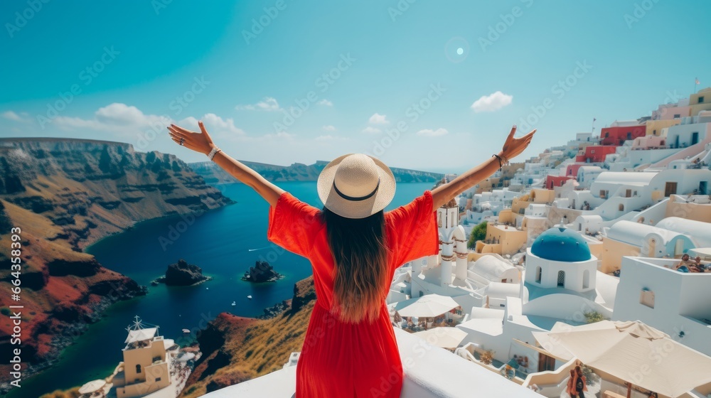 Europe travel happy vacation woman. Girl tourist having fun with open arms in freedom in Santorini cruise holiday, summer european destination.