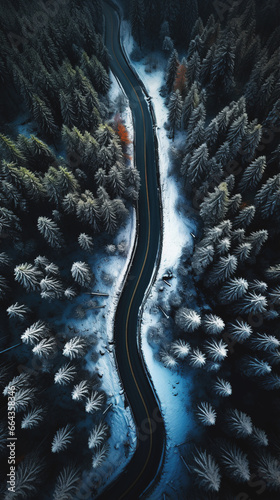 Highway road in winter with a forest and trees in snow. Landscape with a view from above from a drone © alexkoral