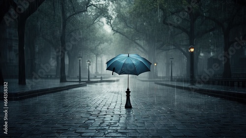  a person holding an umbrella in the rain on a street.  generative ai © Anna