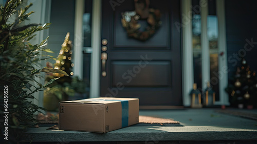 Online order delivery at home entrance for Christmas. photo