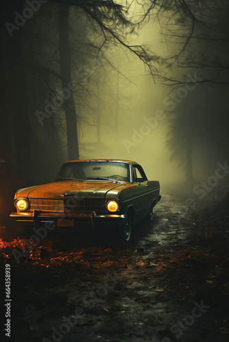 classic car with headlights on road in autumn in the fog in a foggy forest at twilight. The mystical atmosphere of a thriller