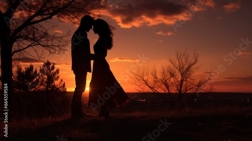 Silhouettes of a couple in love at sunset. As the sun sets on Valentine's Day, couples are silhouetted hugging against the bright sky, creating a captivating display of affection and connection.